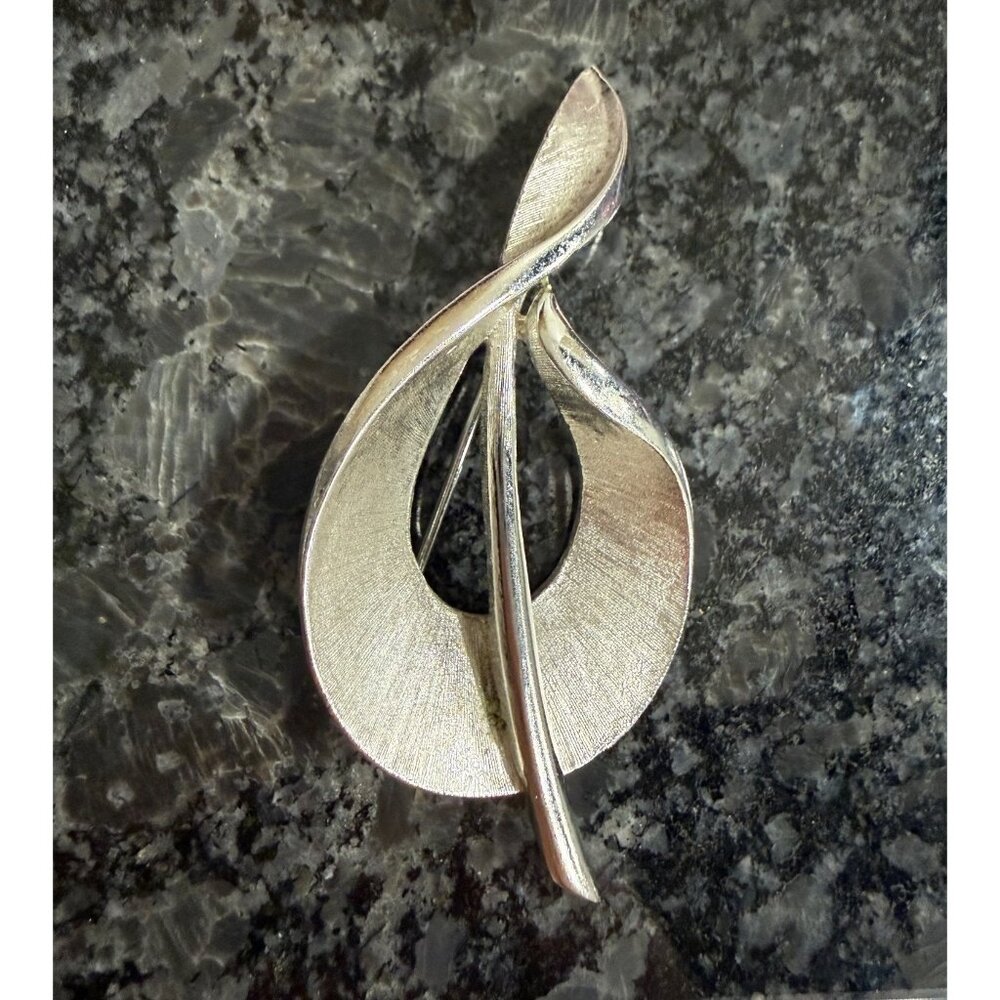Vintage Abstract Silver-Tone Brooch Pin With Textured Modernist Design